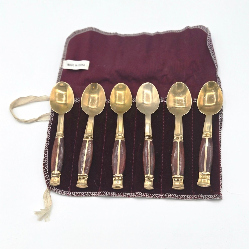 Vintage Thailand Gold Spoons Set of‎ 6 Wood Handle with Velvet Case